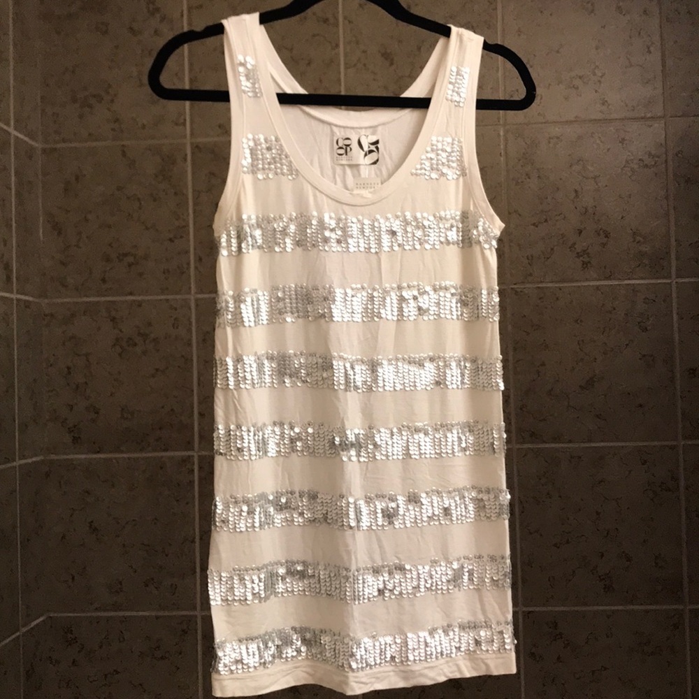 Sleeveless white and silver sequin striped tank